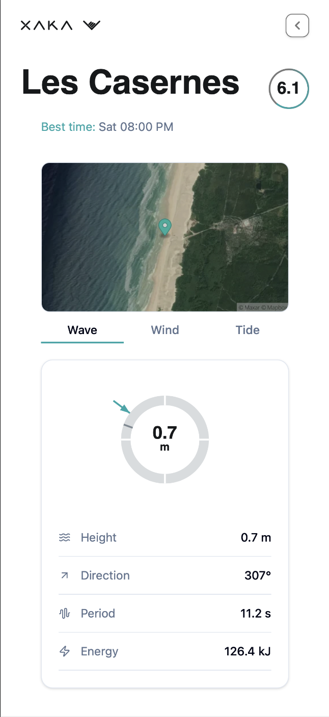 XAKA surf spot details screen