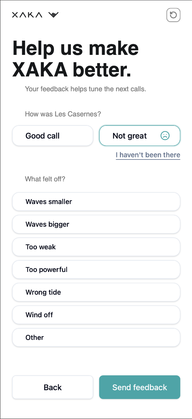 XAKA session feedback screen